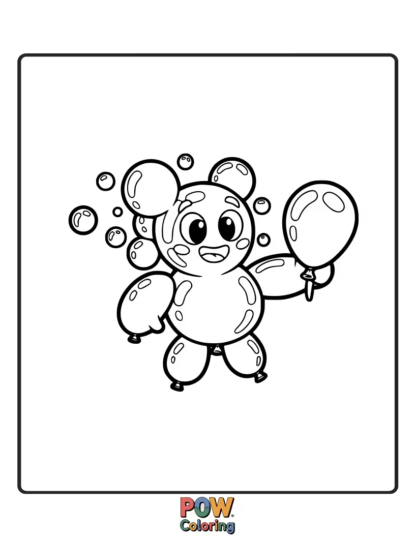 Free coloring page of A water balloon floating gently amongst a cluster of iridescent bubbles, looking serene.