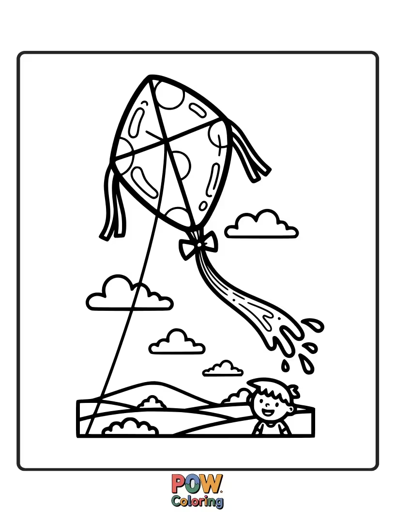 Free coloring page of A water balloon with a string and tail, flying happily in the breeze like a kite.