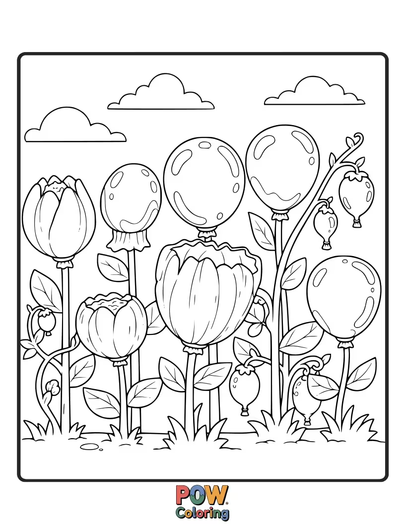 Free coloring page of Water balloons blooming like flowers in a garden, with droplet petals unfurling.