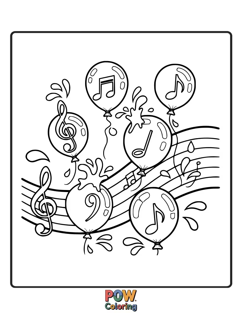 Free coloring page of A series of water balloons bouncing rhythmically, each resembling a musical note.