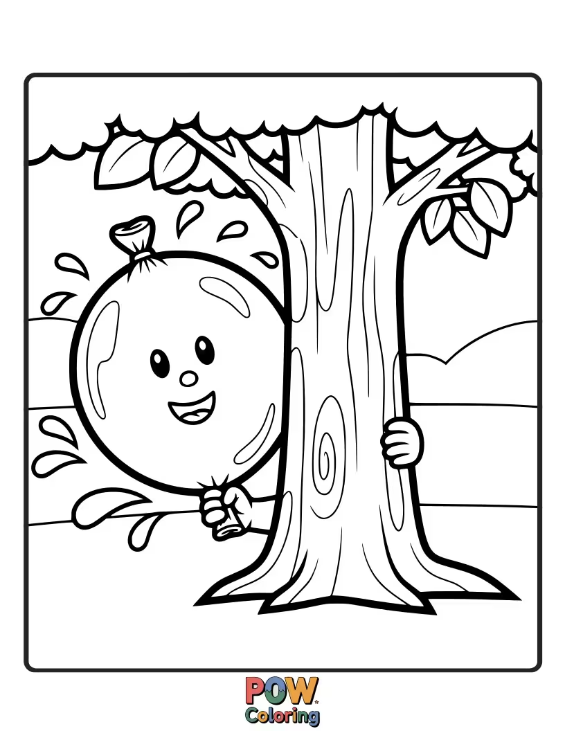 Free coloring page of A water balloon peeking out from behind a large, lush green leaf. A playful surprise!