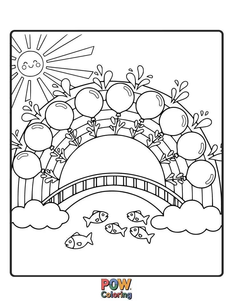 Free coloring page of Water balloons forming an arc like a bridge, with colorful streams flowing between them.