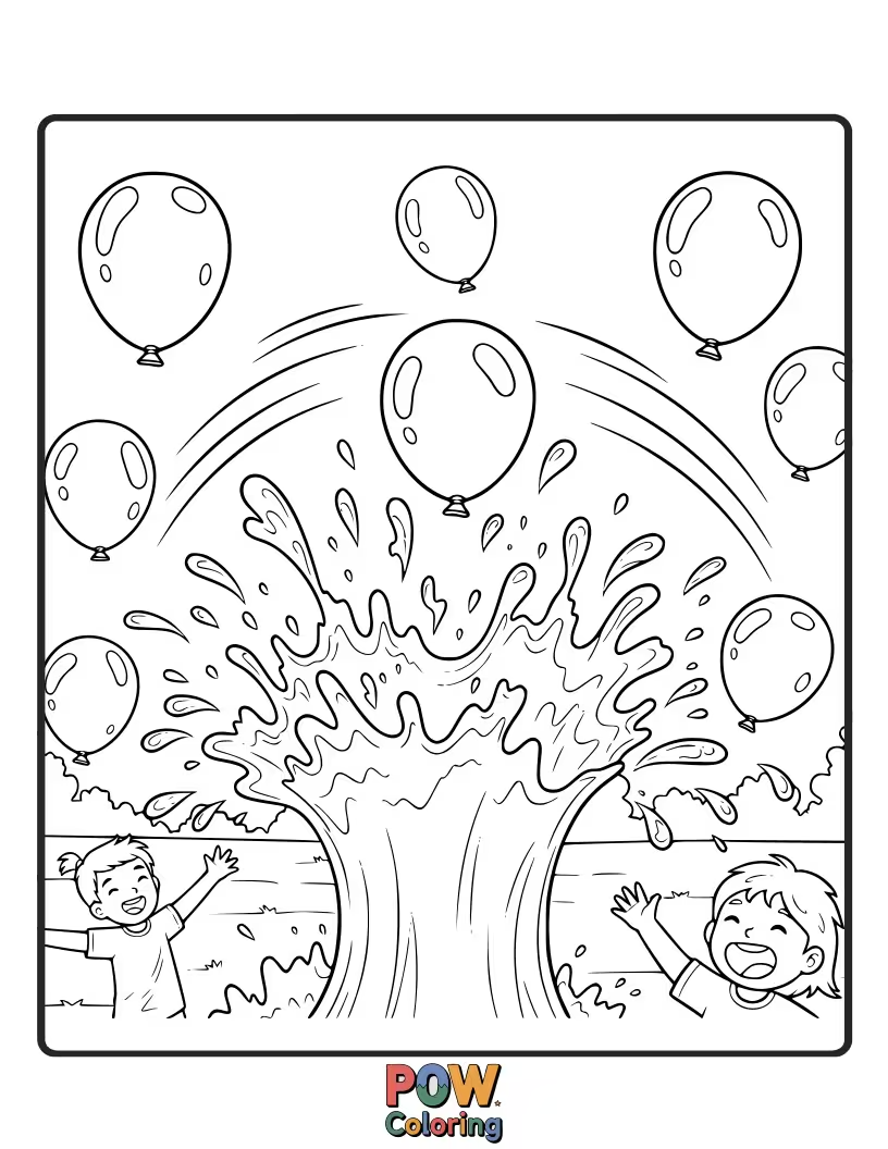 Free coloring page of A water balloon mid-air, about to make a big splash in a pool. Perfect for summer fun!