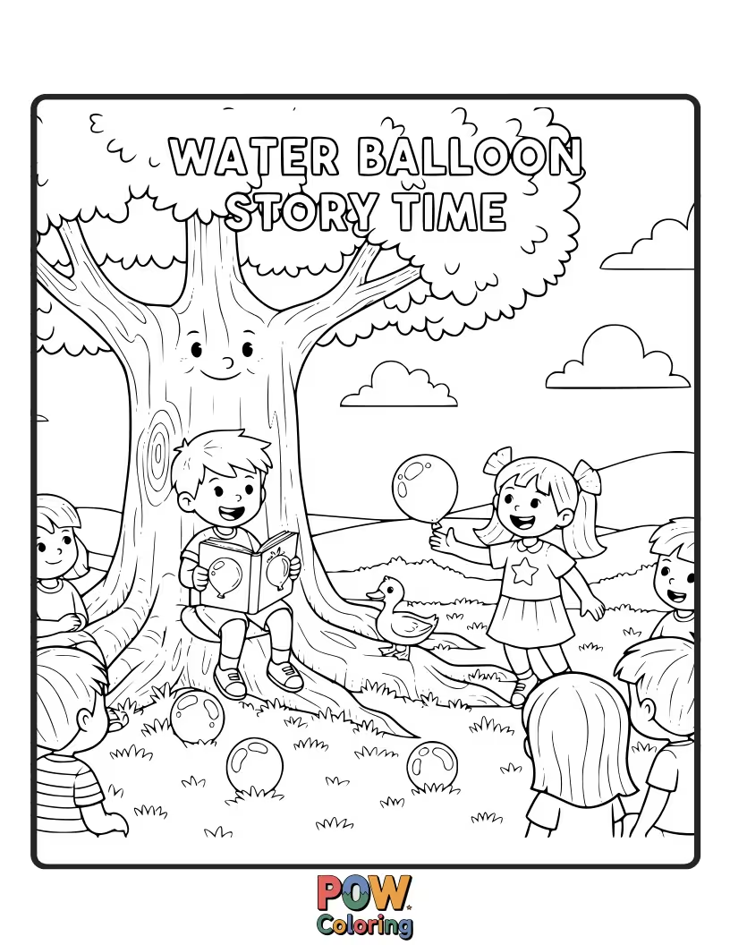 Free coloring page of A water balloon sitting patiently, with a few small, open storybooks scattered around it.