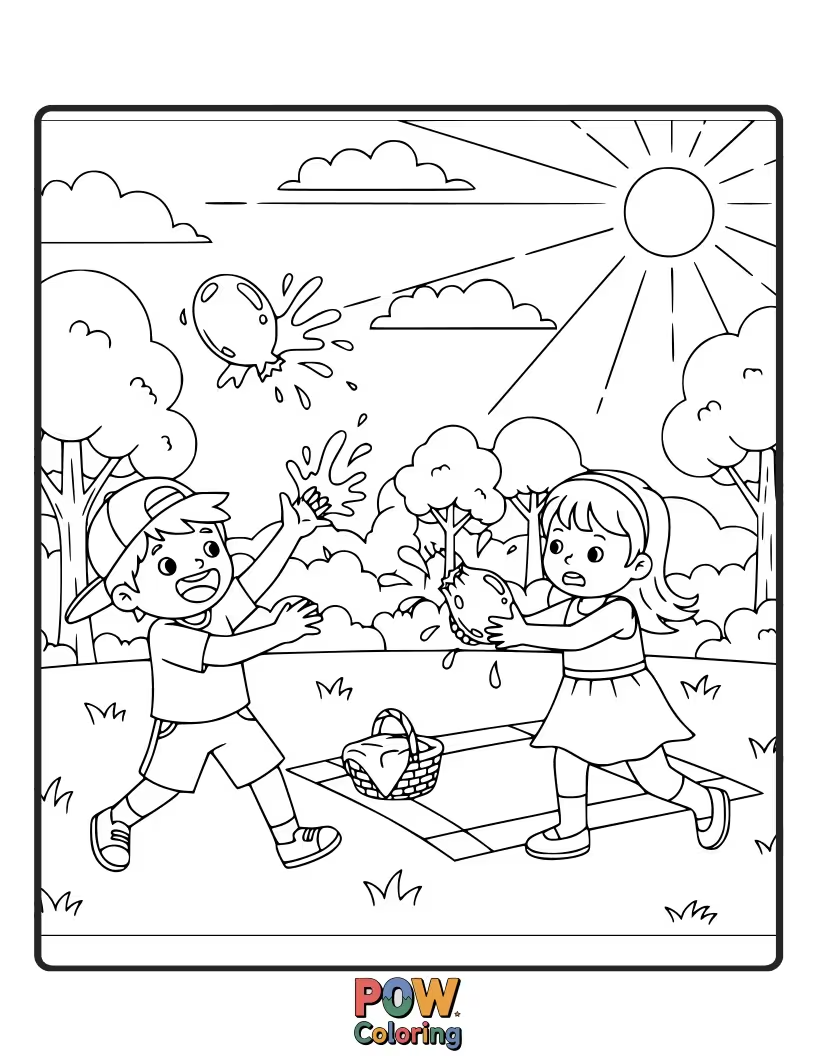 Free coloring page of A water balloon beaming with a happy face, surrounded by sunshine and playful droplets.
