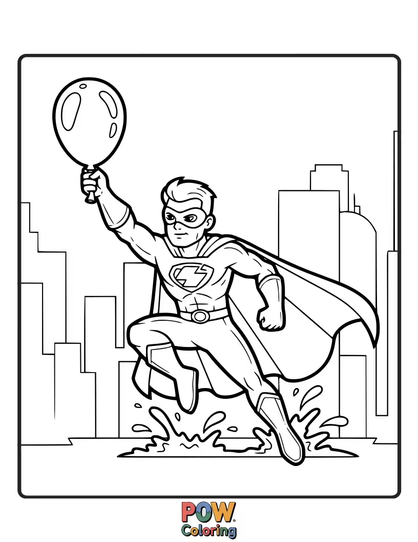 Free coloring page of A heroic water balloon in mid-air, ready to save the day with a splash!