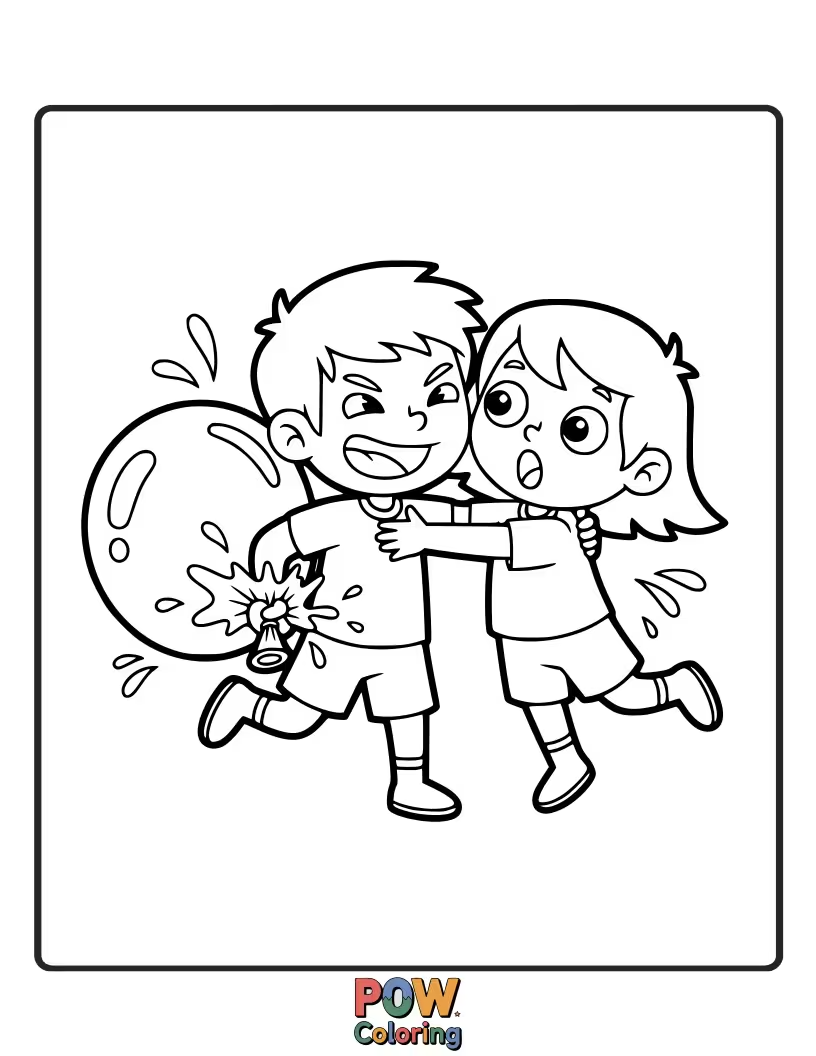 Free coloring page of A gentle water balloon attempting to give a big, splashy hug to a giggling flower.