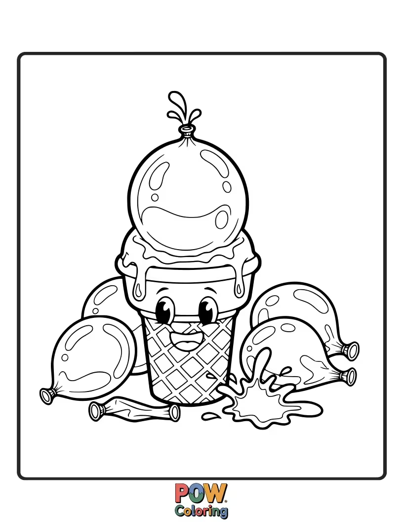 Free coloring page of A water balloon cleverly designed to look like a dripping ice cream cone. Sweet and messy fun!