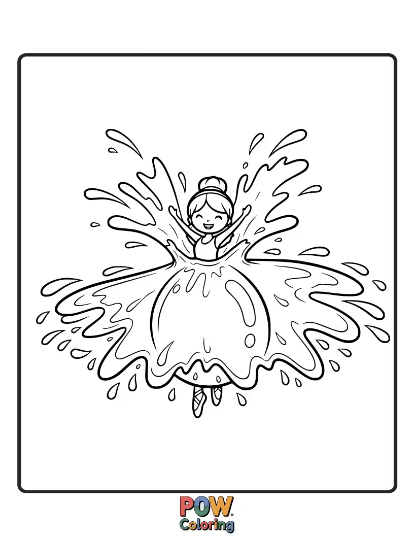 Free coloring page of A graceful water balloon in a ballet pose, with droplet limbs extended beautifully.