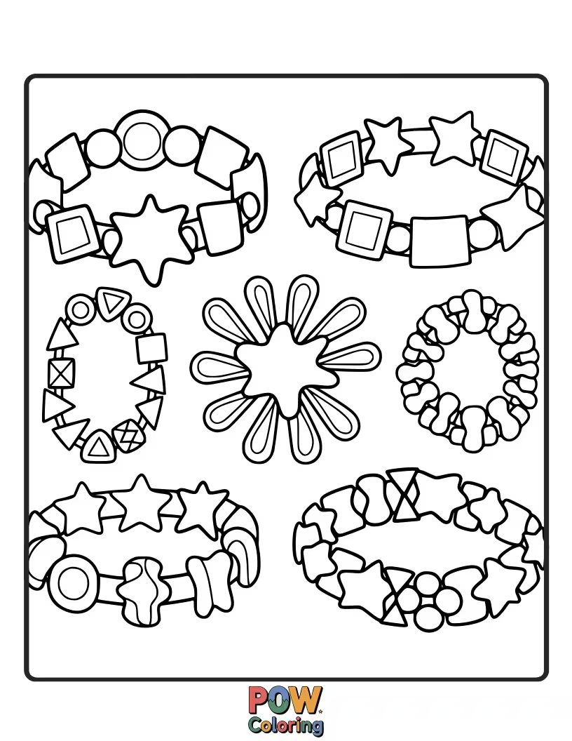Free coloring page of A collection of intriguing, abstract shapes strung together for a modern and artistic bracelet. Bold and creative.