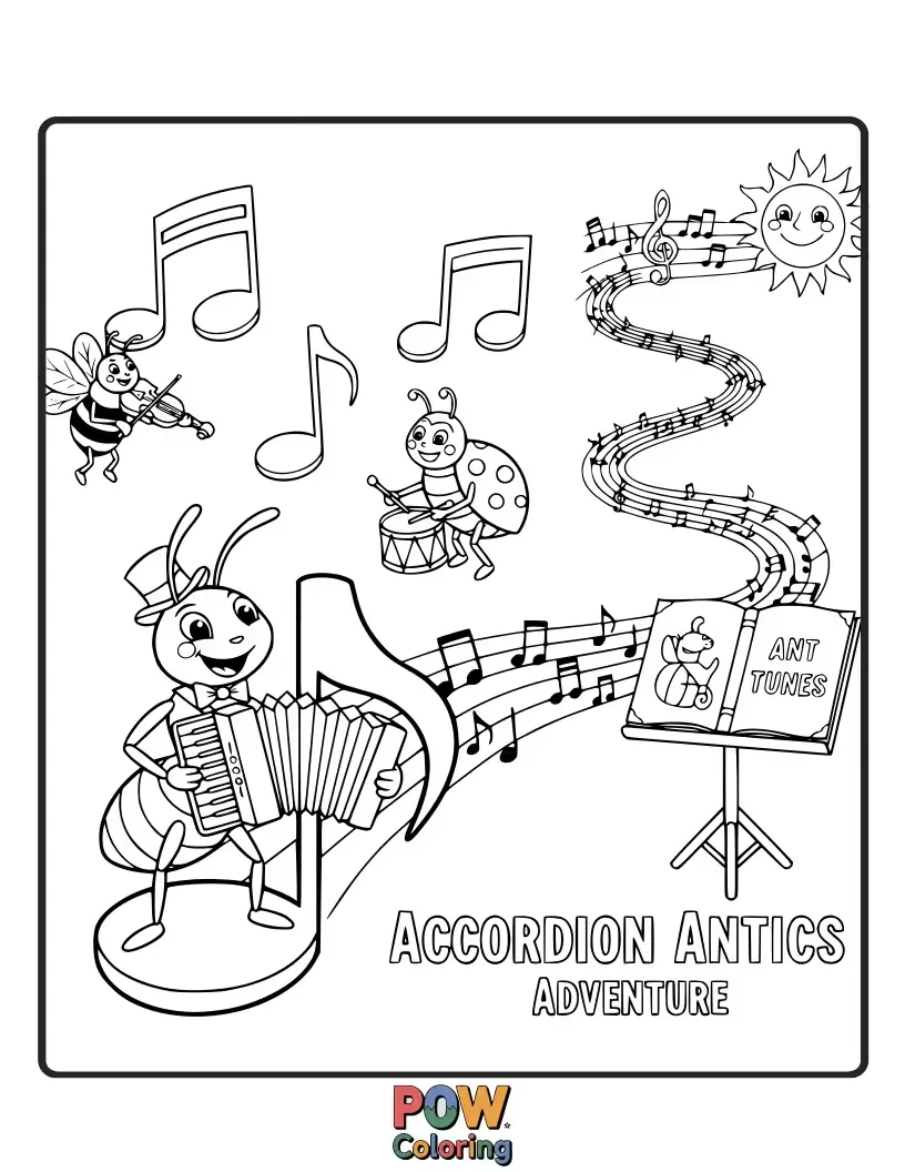 Free coloring page of A mischievous ant playing a tiny accordion while climbing a giant musical scale. Tiny, funny, and adventurous.