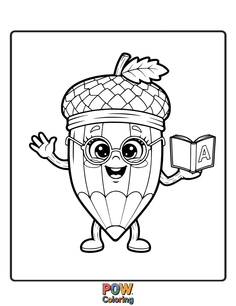 Free coloring page of A cute little acorn character, wearing a tiny hat, using a pencil to write important forest messages.
