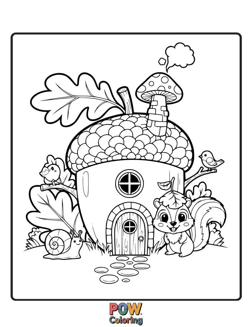 Free coloring page of A tiny, adorable home crafted from a giant acorn, with a little squirrel family living inside. Nature's cozy abode.