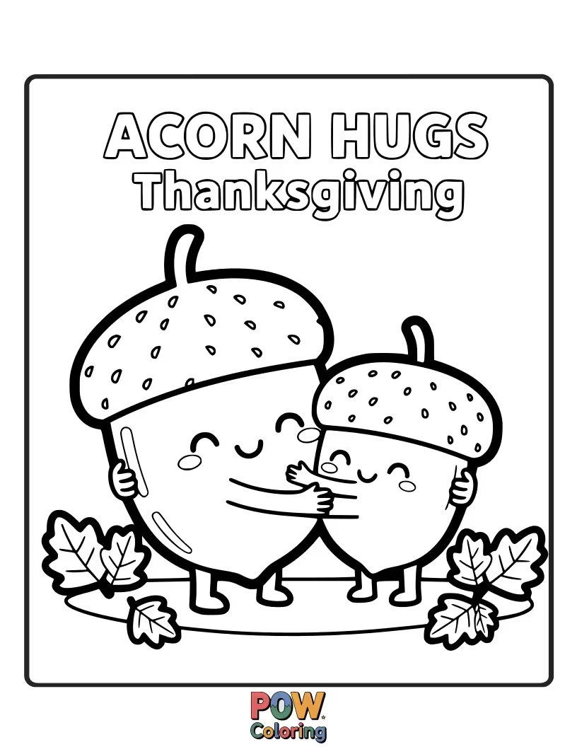 Free coloring page of Two little squirrels share a giant acorn, symbolizing the warmth of Thanksgiving hugs and friendship. Utterly charming!