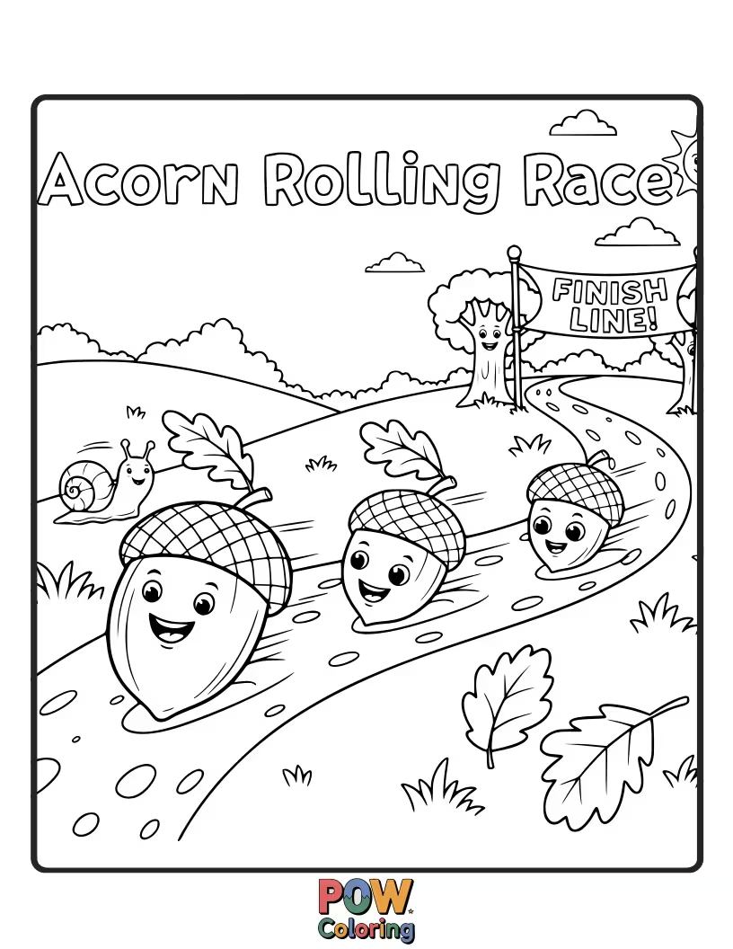 Free coloring page of Cute squirrels are pushing oversized acorns down a hill in a fun, nutty rolling race.