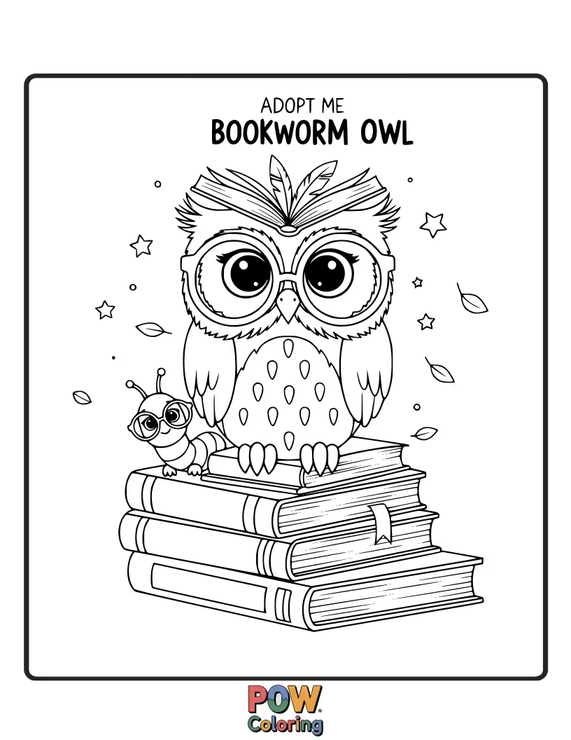 Free coloring page of A studious owl wearing glasses, engrossed in a giant, open book. A wise and charming scene for book lovers.
