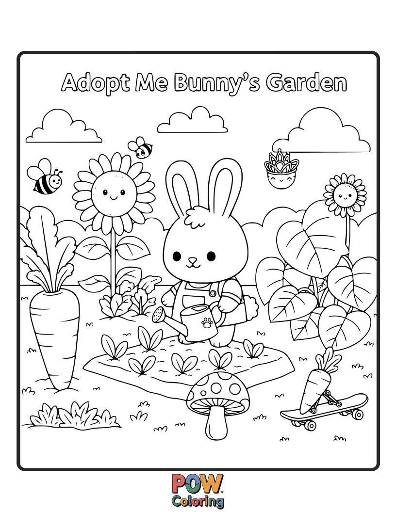 Free coloring page of A bunny tending to oversized, colorful flowers with a watering can. A vibrant and cheerful spring scene to bring to life.