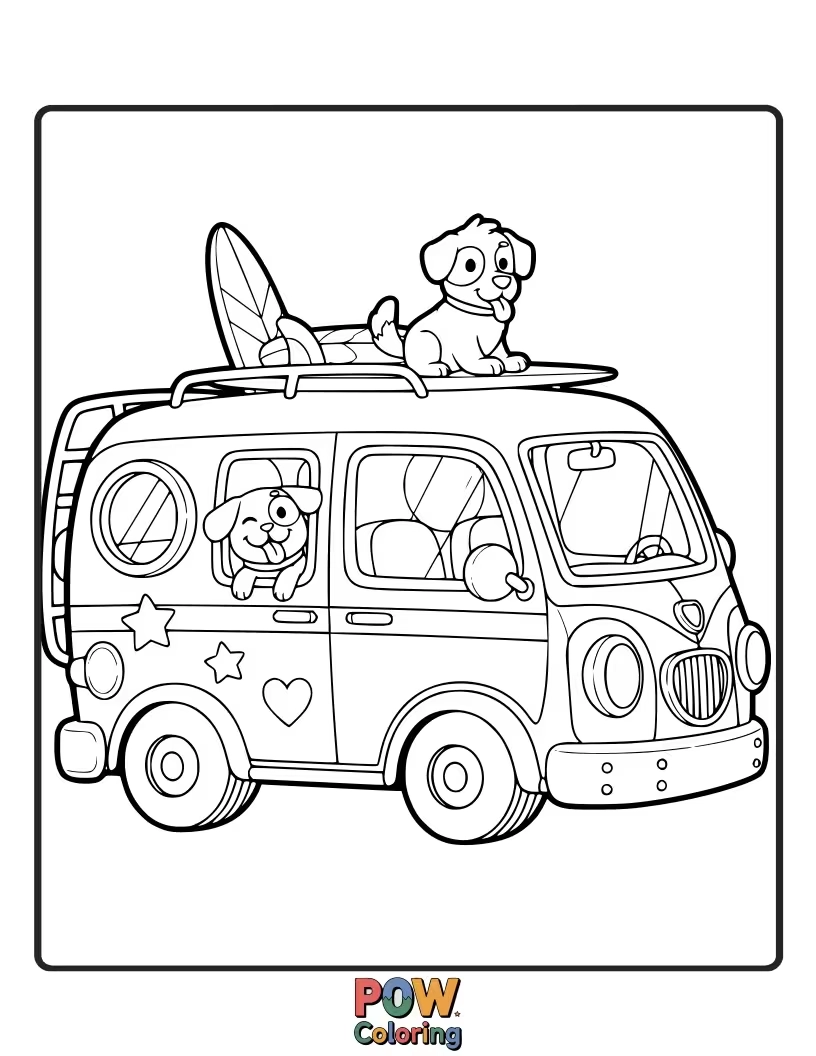 Free coloring page of A happy dog driving a retro camper van, heading towards a scenic mountain sunset. An adventurous journey to color.