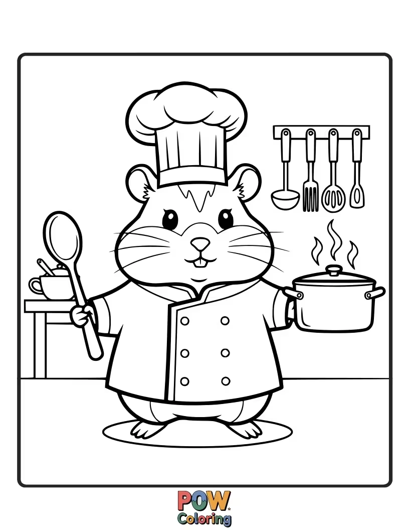 Free coloring page of A tiny hamster wearing a chef hat and apron, happily cooking in a miniature kitchen. Deliciously cute and fun to color.