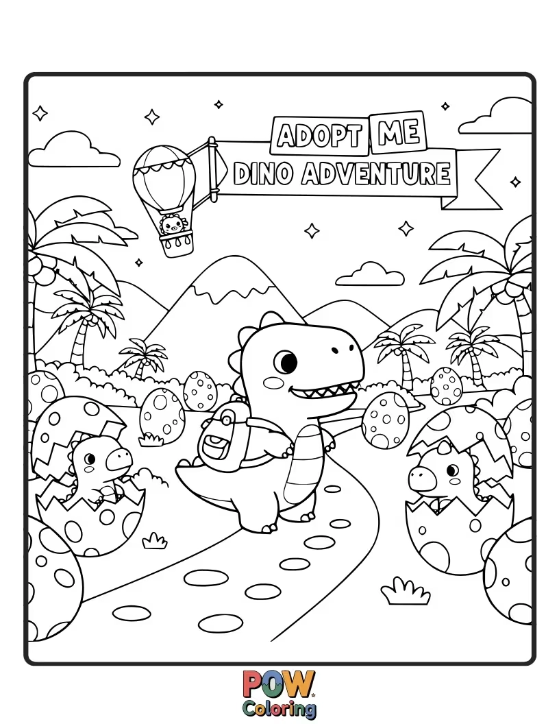 Free coloring page of A friendly T-Rex wearing a tiny party hat and holding a balloon. Ready for a fun, prehistoric coloring journey!