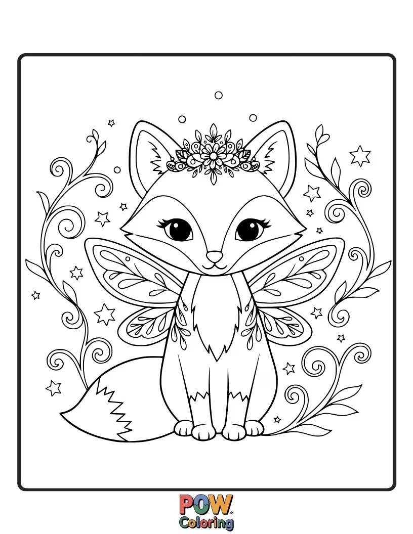 Free coloring page of An enchanting fox with delicate butterfly wings and a flower crown. Magical and whimsical for a touch of fantasy.