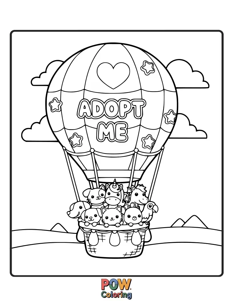 Free coloring page of A collection of cute Adopt Me pets enjoying a ride in a colorful hot air balloon. An adventure in the sky!
