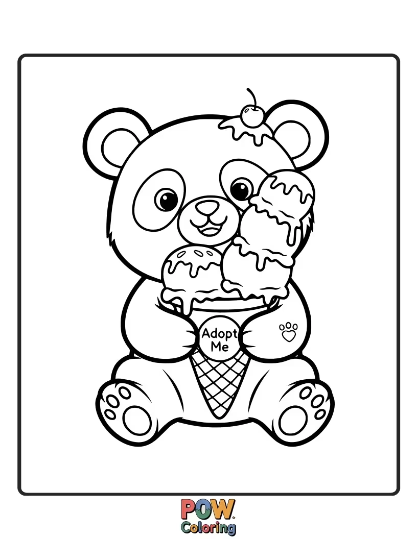 Free coloring page of A cuddly panda enjoying a giant, swirly ice cream cone. A delicious and delightful scene for sweet coloring creations.
