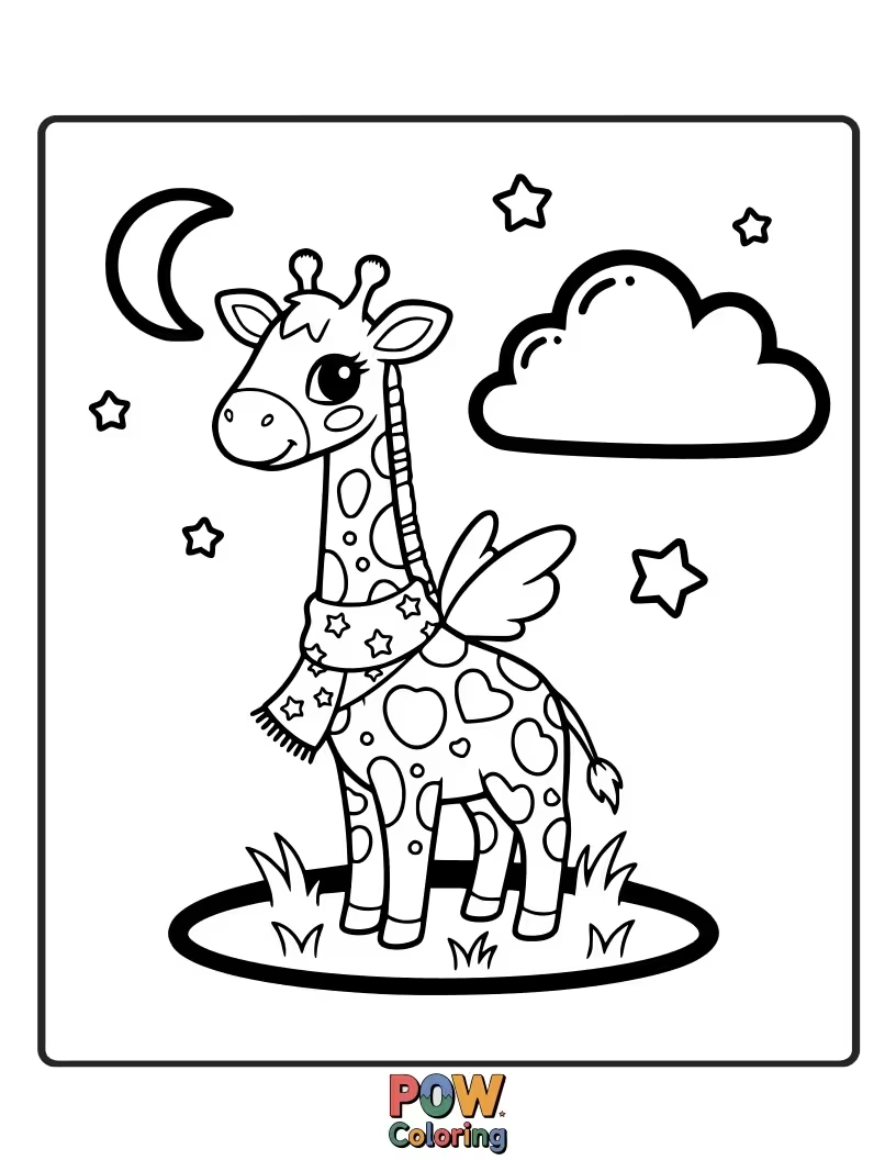 Free coloring page of A graceful giraffe with shimmering wings and a floral garland. Enchanting and elegant for a beautiful coloring creation.