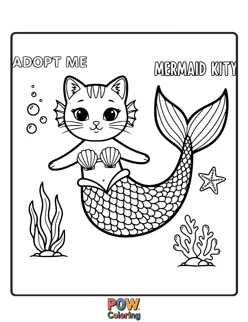 Free coloring page of A charming cat with a sparkly mermaid tail, swimming with bubbles. An underwater fantasy for your artistic touch.