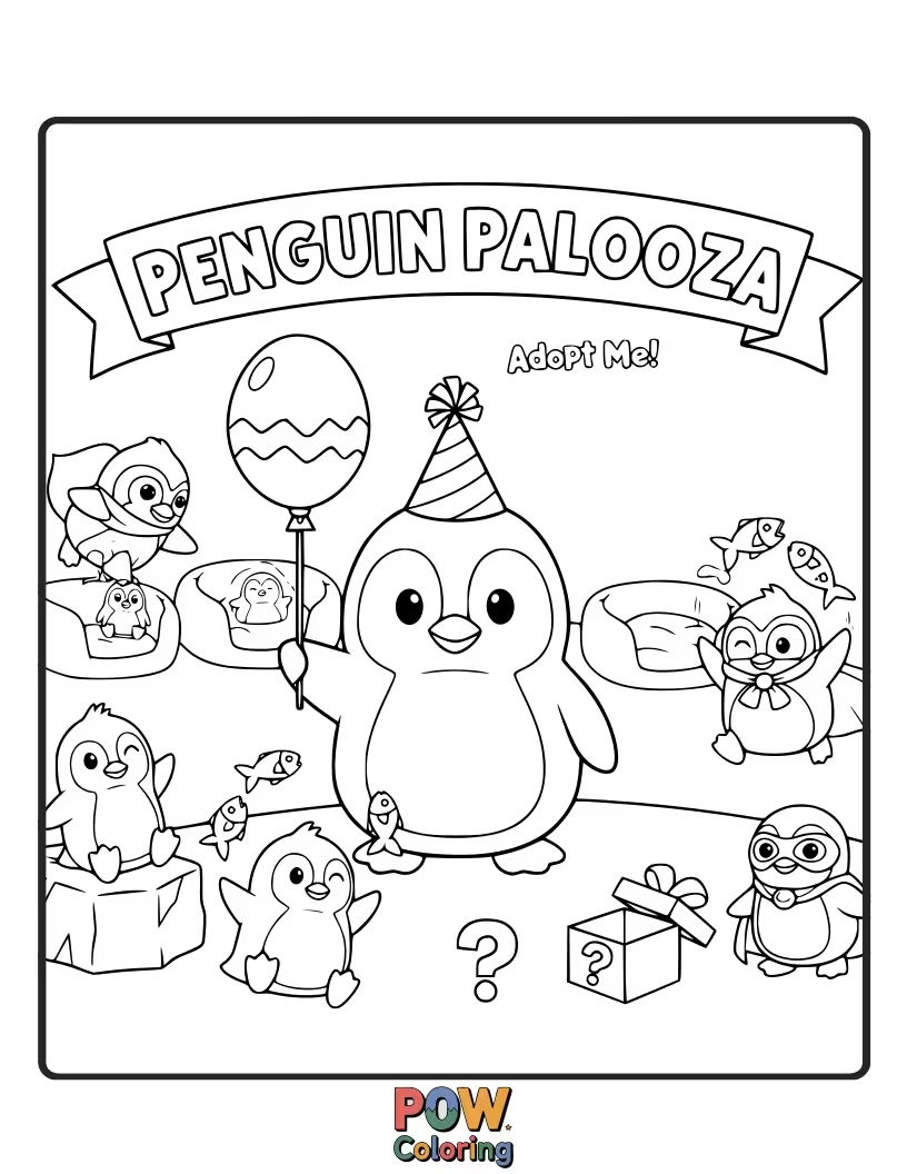 Free coloring page of A group of cheerful penguins sliding down an icy hill, wearing colorful scarves. A cool and lively scene to color!