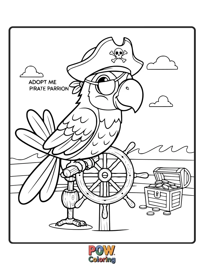 Free coloring page of A colorful parrot wearing a pirate hat and eyepatch, perched on a treasure chest. A swashbuckling adventure to color!