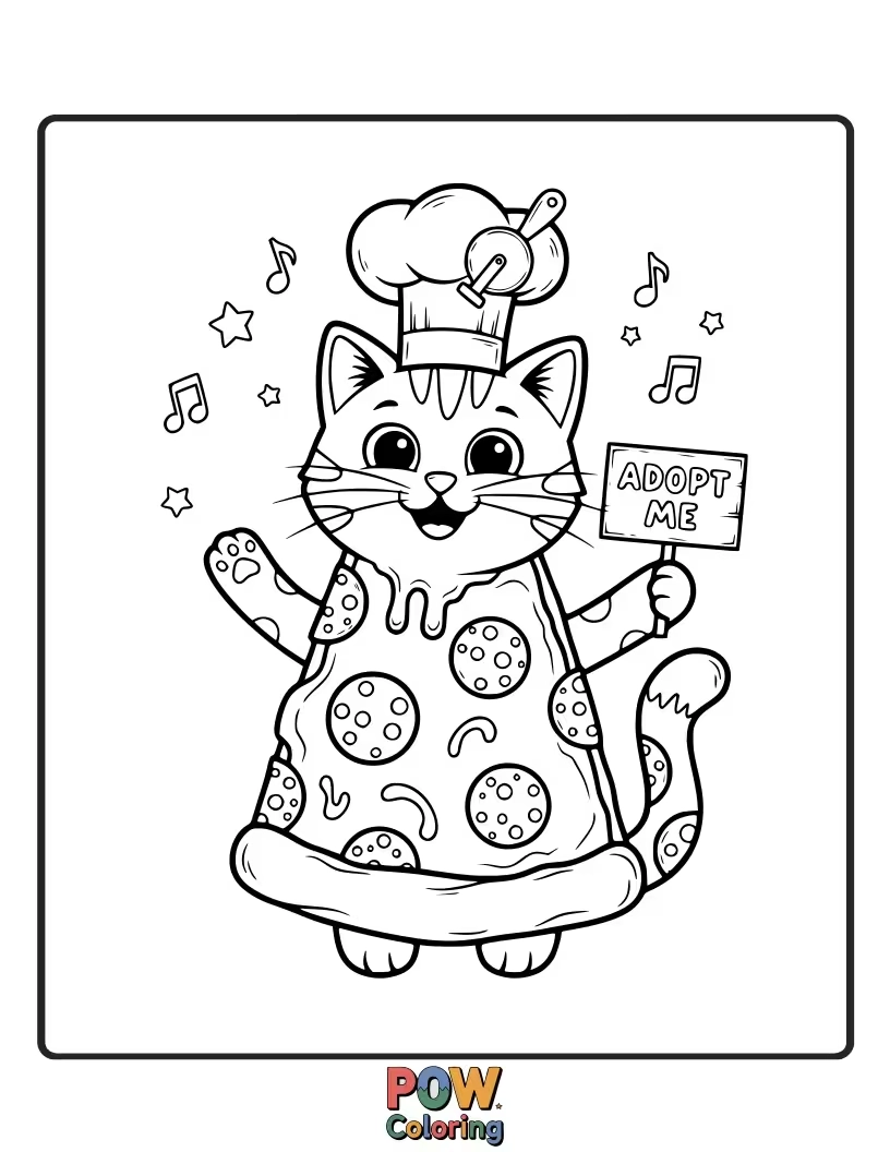 Free coloring page of A playful cat with pizza slices as ears, sitting on a giant pizza. A purr-fectly fun and cheesy coloring experience.