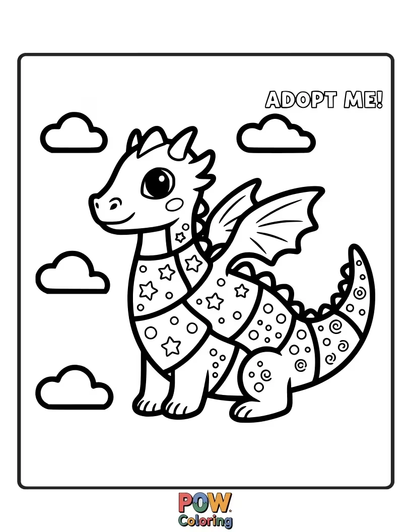 Free coloring page of A majestic dragon breathing rainbow-colored smoke, surrounded by clouds and a pot of gold. A mythical and vibrant coloring quest.
