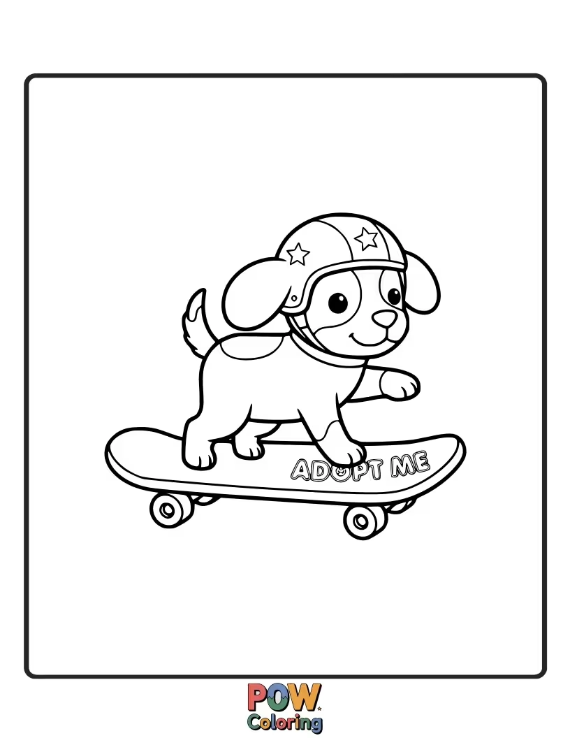 Free coloring page of A cool dog wearing sunglasses and a beanie, expertly riding a skateboard. A rad and energetic scene to color.