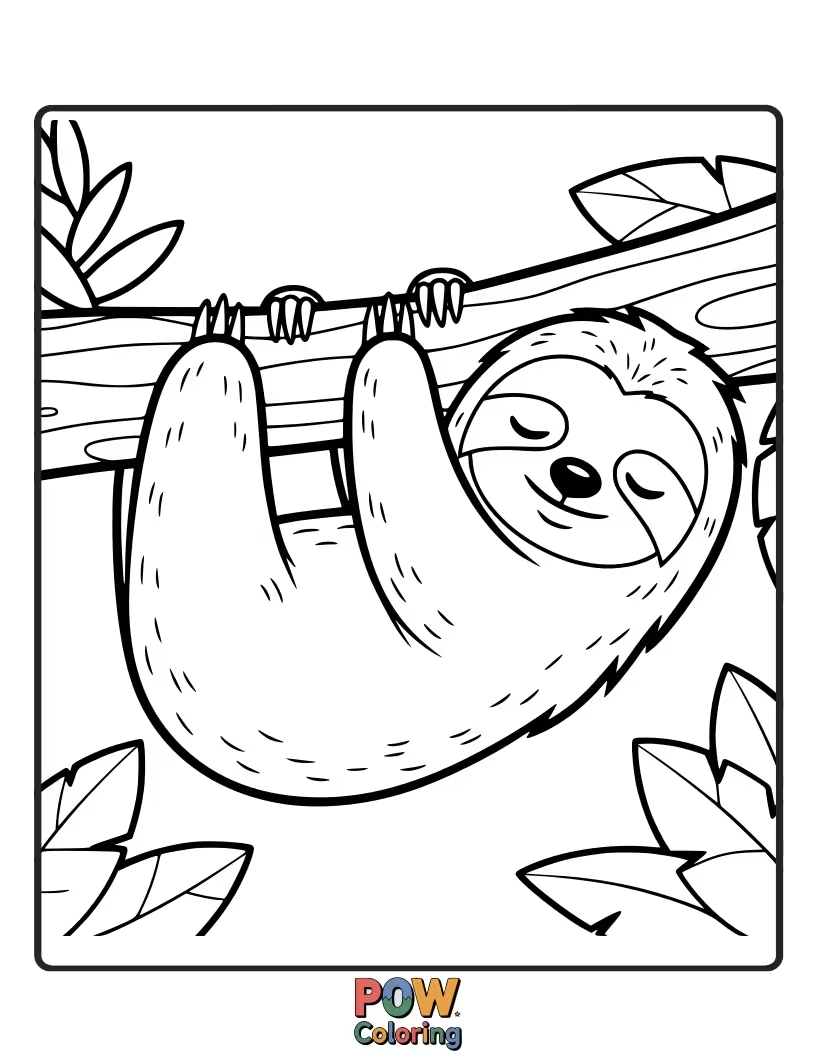 Free coloring page of A super cute sloth hanging upside down from a branch, with a happy smile and dreaming. Relaxing and sweet to color.