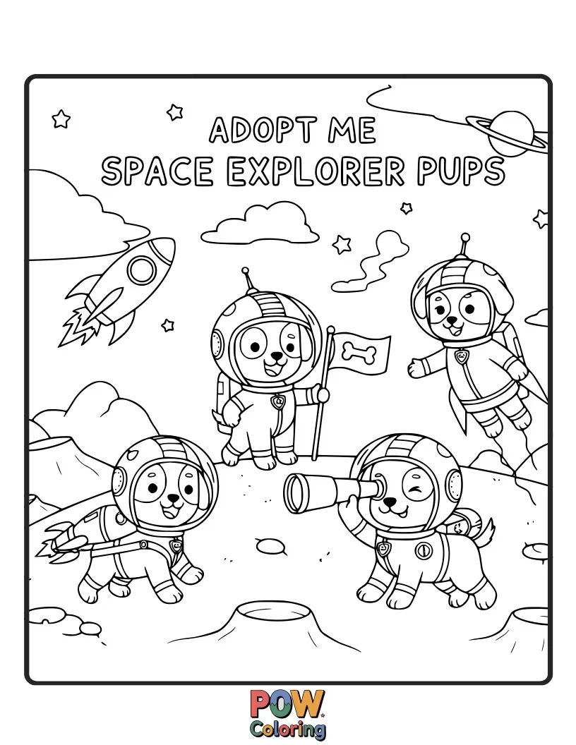 Free coloring page of Two playful puppies in astronaut helmets, floating among planets and stars. Out-of-this-world fun for coloring enthusiasts.