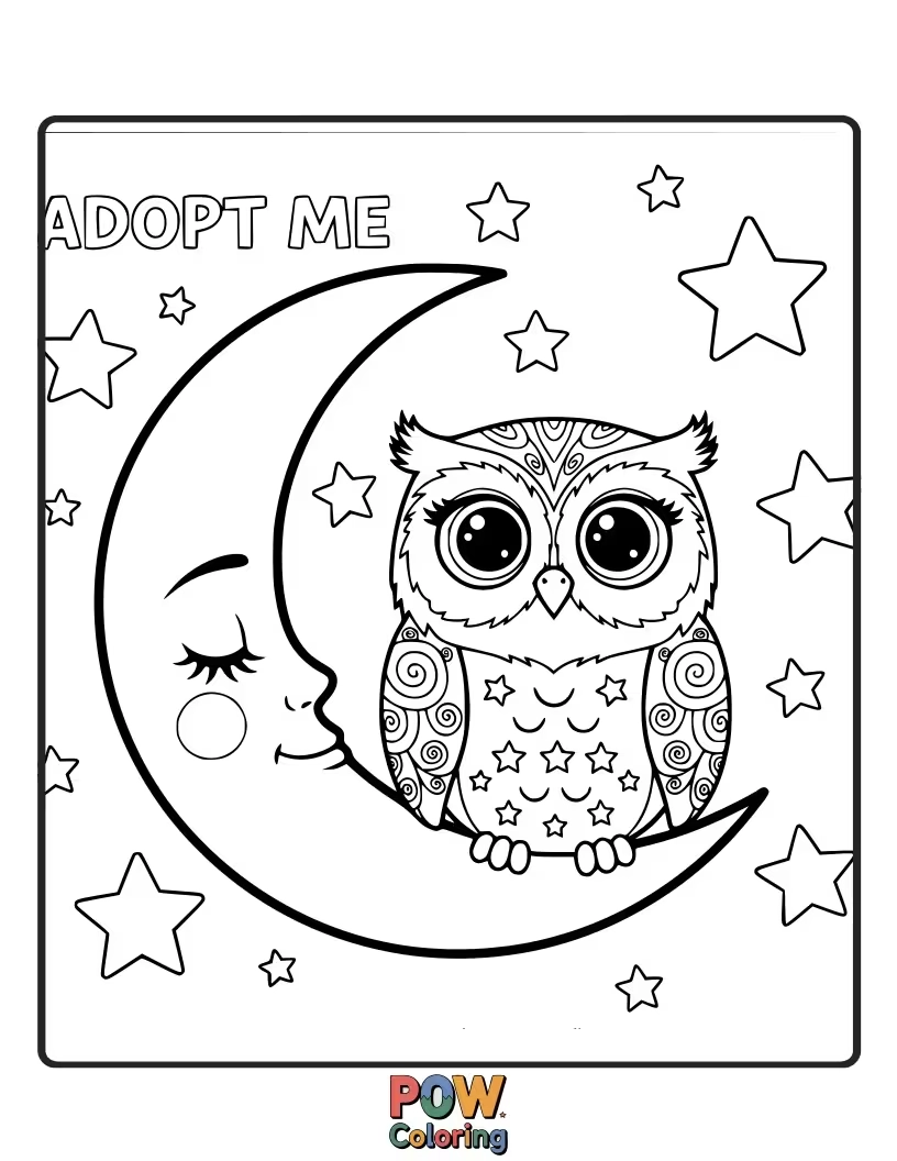 Free coloring page of A wise owl perched on a crescent moon, wearing a tiny wizard hat. Mystical and magical for your coloring creativity.