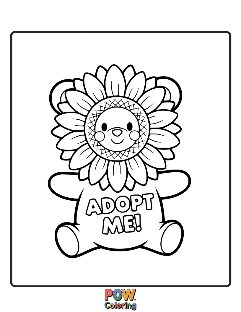 Free coloring page of A fluffy bear holding a giant, smiling sunflower, with bees buzzing around. A bright and sunny scene for happy coloring.