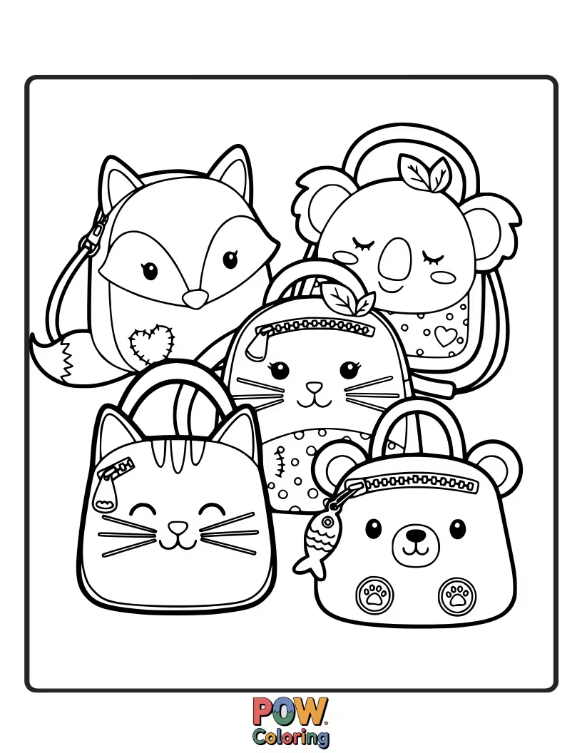 Free coloring page of Lovable animal-shaped bags with sweet expressions, from cuddly bears to playful kittens, ready for colorful personalities.