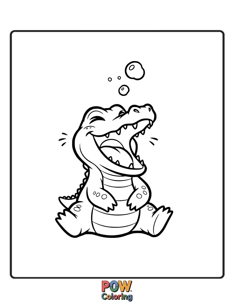 Free coloring page of An adorable baby crocodile with a huge, toothy grin, playing with a rubber duck.