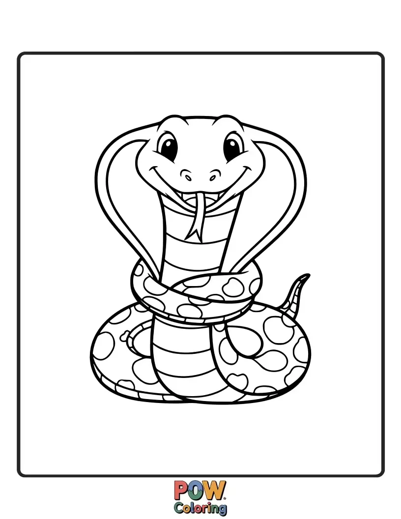 Free coloring page of A small, smiling cobra snake wrapping its body around a blooming flower, radiating warmth and friendship.