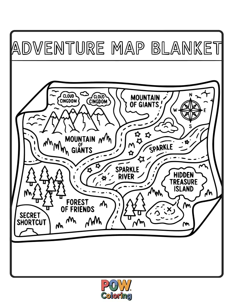 Free coloring page of A whimsical map with playful landmarks, all forming a treasure-filled blanket.