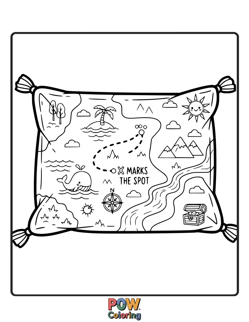 Free coloring page of A rectangular pillow unfolded to reveal a whimsical, dotted adventure map. Color your path to imagination and discovery.
