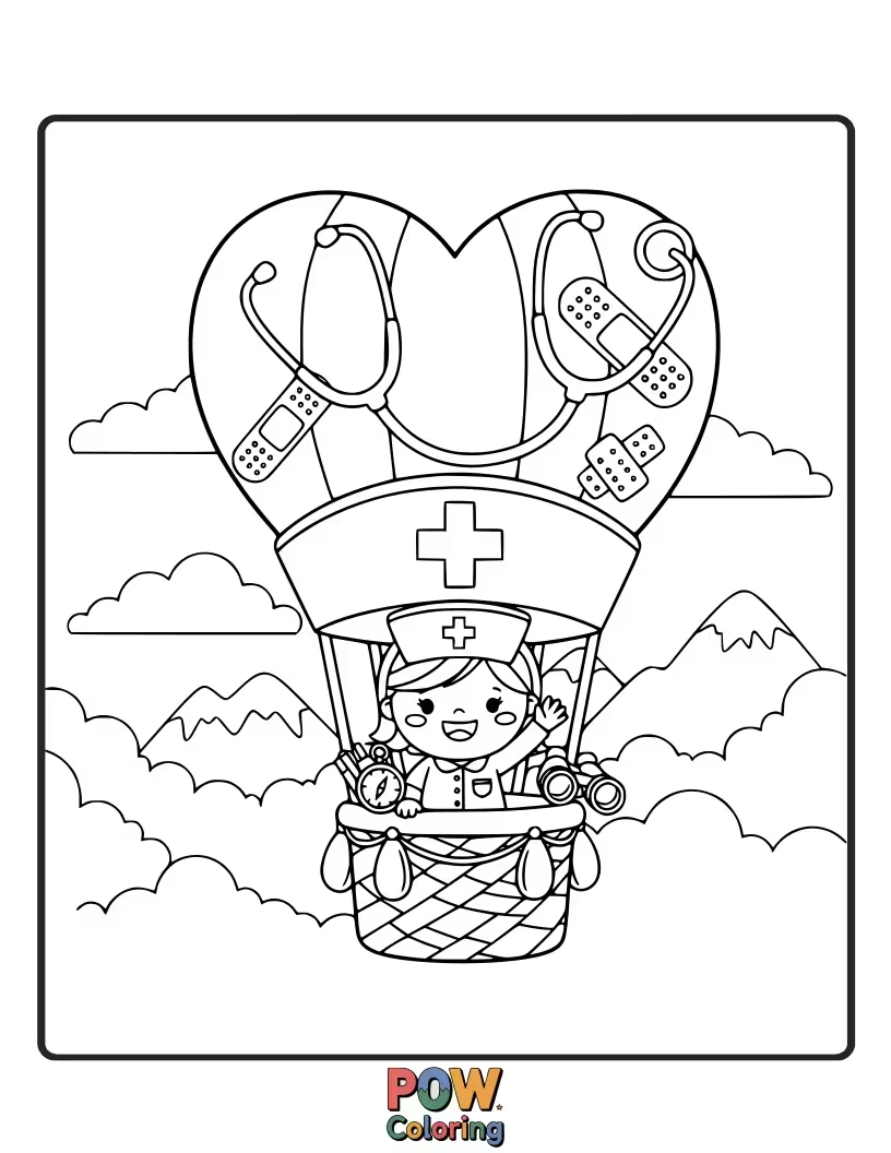Free coloring page of A nurse soaring through the sky in a hot air balloon, delivering medical supplies to remote locations.