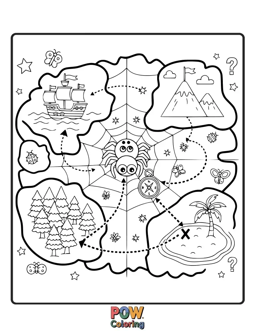 Free coloring page of A brave spider holding a treasure map, ready for an epic quest. Sparks imagination and storytelling through coloring.
