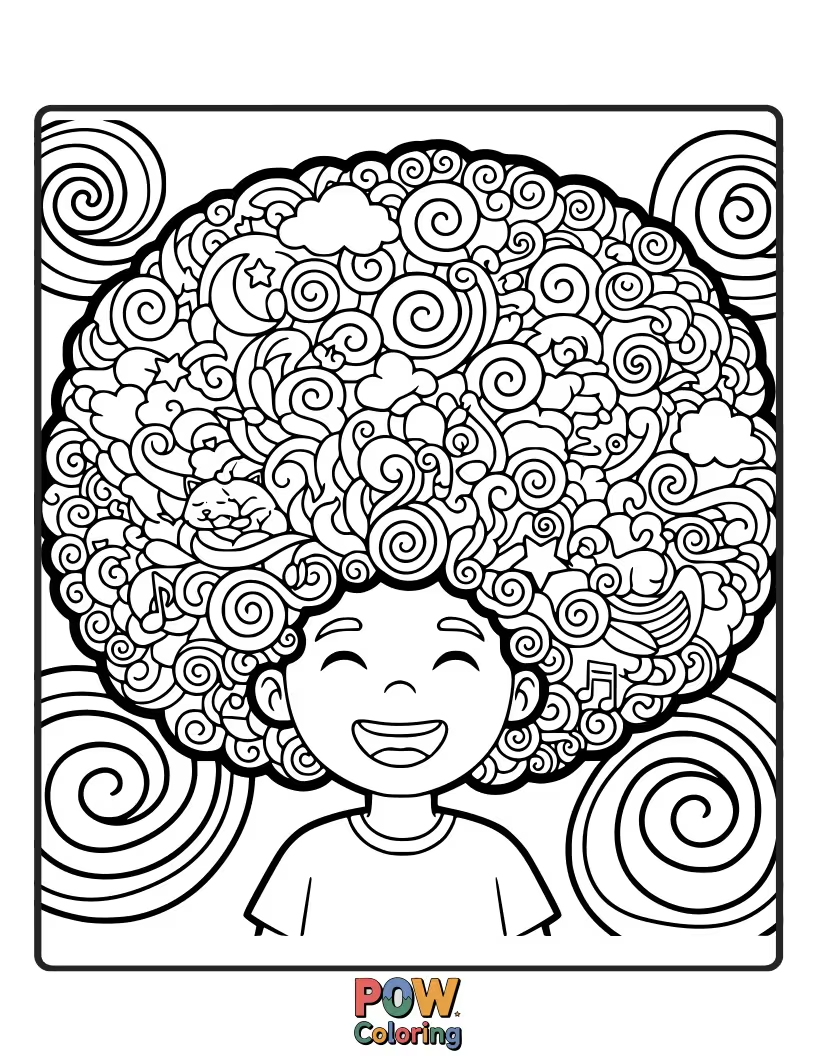 Free coloring page of A voluminous afro with whimsical swirls and gentle curves.