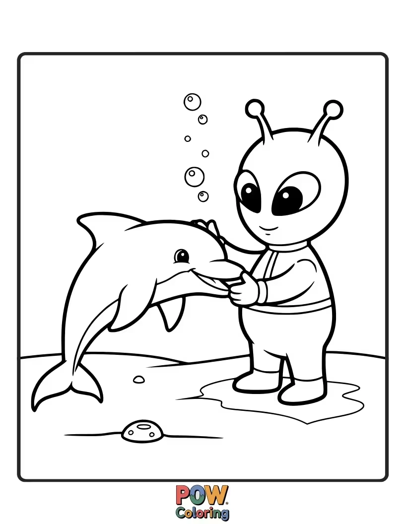 Free coloring page of An extraterrestrial visitor! This dolphin looks amazed by a friendly alien spaceship.
