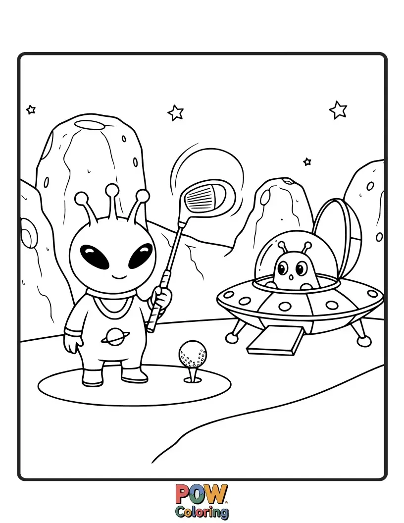 Free coloring page of A quirky alien with multiple arms attempting to putt a golf ball with a ray gun.