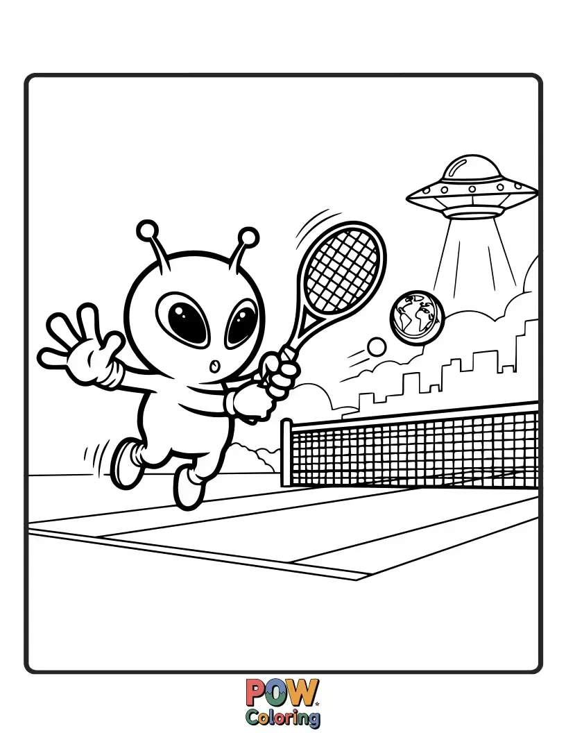 Free coloring page of A friendly alien with multiple arms playing tennis on a Martian court, with UFOs in the sky.