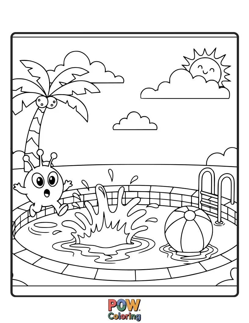 Free coloring page of A cute, three-eyed alien discovers the fun of swimming in a bubbly, extraterrestrial pond on another planet.